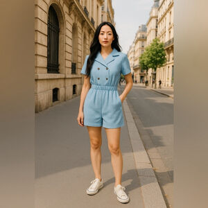 Top and Shorts Set Women Size Medium Blue Short Sleeves Cropped High Waisted